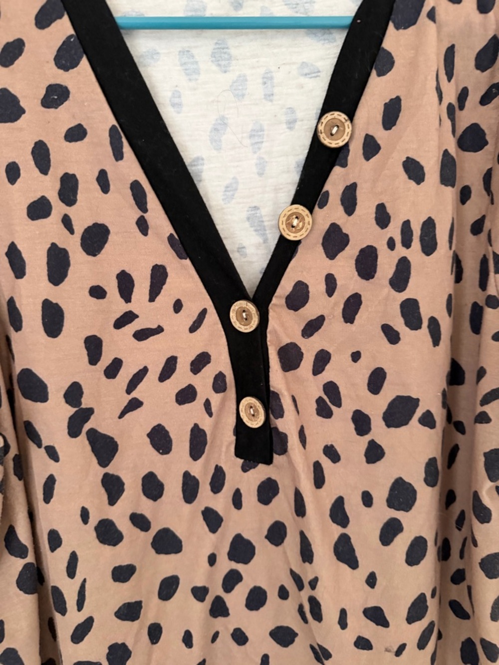 Boutique Leopard Print Button V-Neck Blouse in Taupe and Black